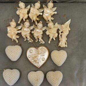 Elegant Cream Angel and Heart Ornament Set
